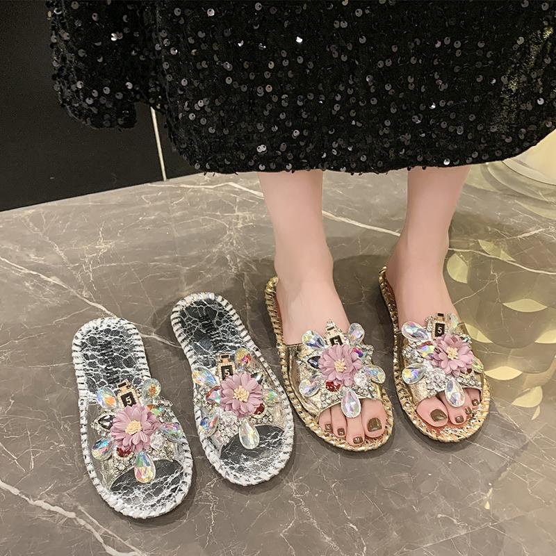Aphixta Diamant Blumen Dekoration Flach Mit Hausschuhen Lässig Damen Süße Mules Draußen Sommer Sandalen Schuh Nähen Slide