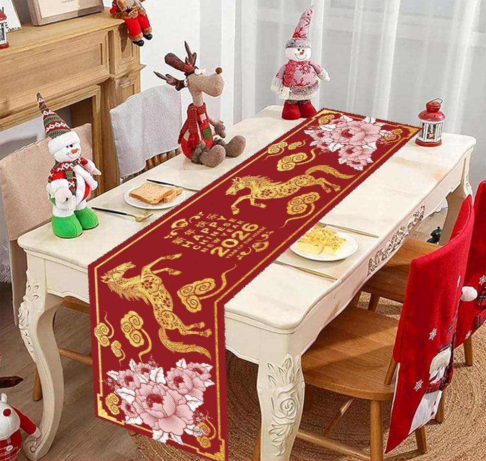 Chinese New Year Linen Table Runner Party Decor Chinese 2026 Spring Festival Lunar Horse Floral Table Runner New Year Decoration
