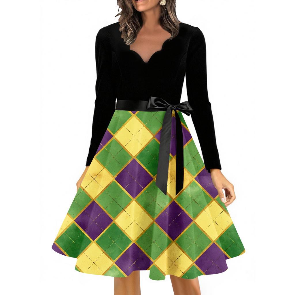 Women's Casual Fashion V Neck Long Sleeve Printed Vintage Long Dress