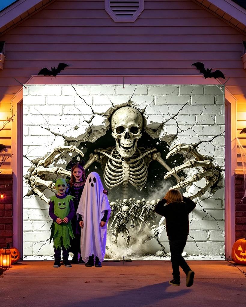 7X8 Ft Hanging Halloween Skeleton Decorations Garage Door Cover Backdrop