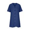 Damenkleid, kurzärmelig, mittellang, einreihig, V-Ausschnitt, locker, einfarbig, A-Linie, Freizeitkleider