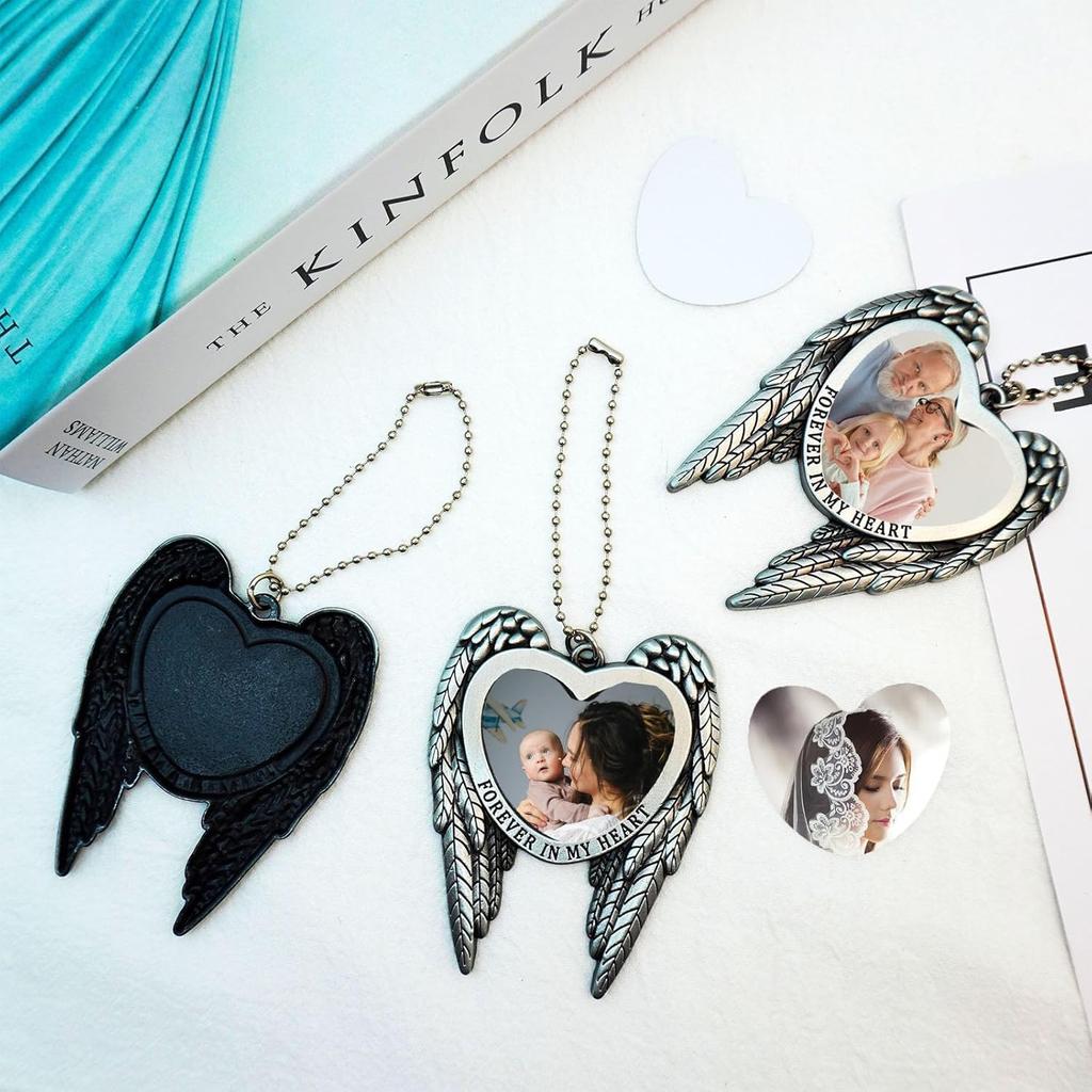 6 Set Sublimation Angel Wing Ornament Blanks Metal Love Heart Pendant Personalized Car Hanging Ornaments with Blank Photo for Home Window DIY Picture