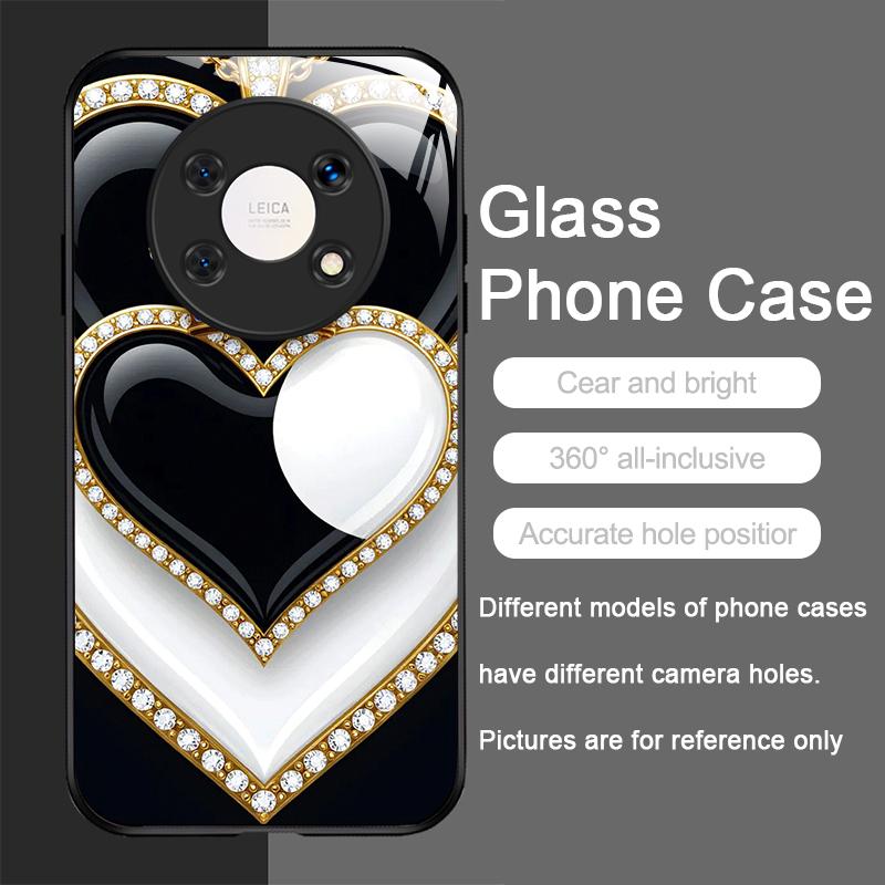 Stylish Black White Heart with Pearls Tempered Glass Phone Case for Huawei Nova 13 12 SE 11 10 Pro Mate 40 30 P60 P50 P40 Covers