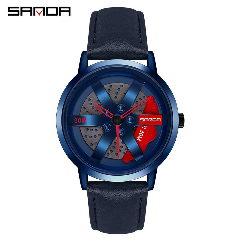 Sanda Cool Men s 3D Hollow Car Wheel Leather Strap Quartz Watch