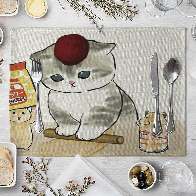 1 Pcs Dining Table Mats Cute Funny Cat Pattern Kitchen Placemat Drink Coasters Western Pad Cotton Linen Cup Mat Table Dining