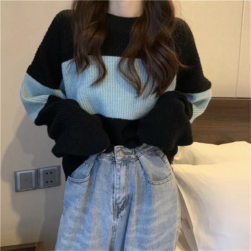 Short Striped Crew Neck Sweater Women's New Autumn Loose Casual Wear Autumn and Winter Long-sleeved Knitted Sweater