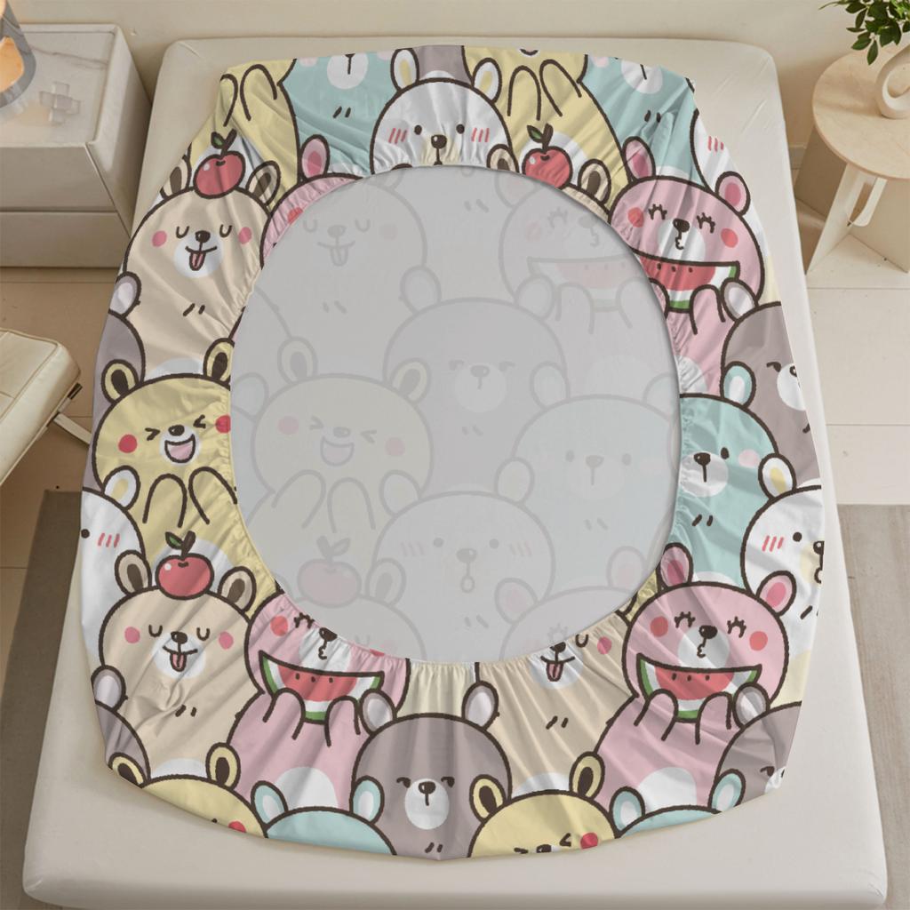 3pcs Fitted Sheet Set Cute Bear Pattern Print Design Easy Care Bed Sheet With Pillowcases For Bedroom Decor