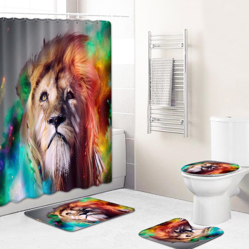 Elephant Lion Animal Shower Curtain Floor Mat Combination Set Toilet Carpet Shower Room Mat Foot Mat