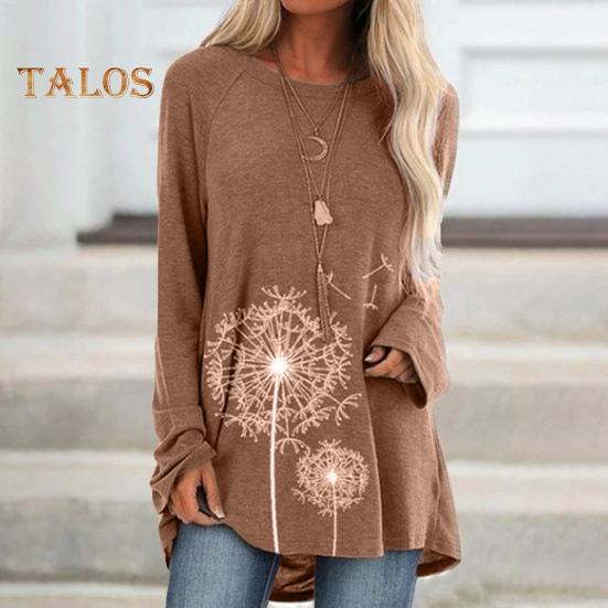 Tunique grande taille pour femme, imprimé pissenlit, chemise longue, col ras du cou, manches longues, pull-over, chemisier décontracté, coupe ample, pour le travail et la vie quotidienne