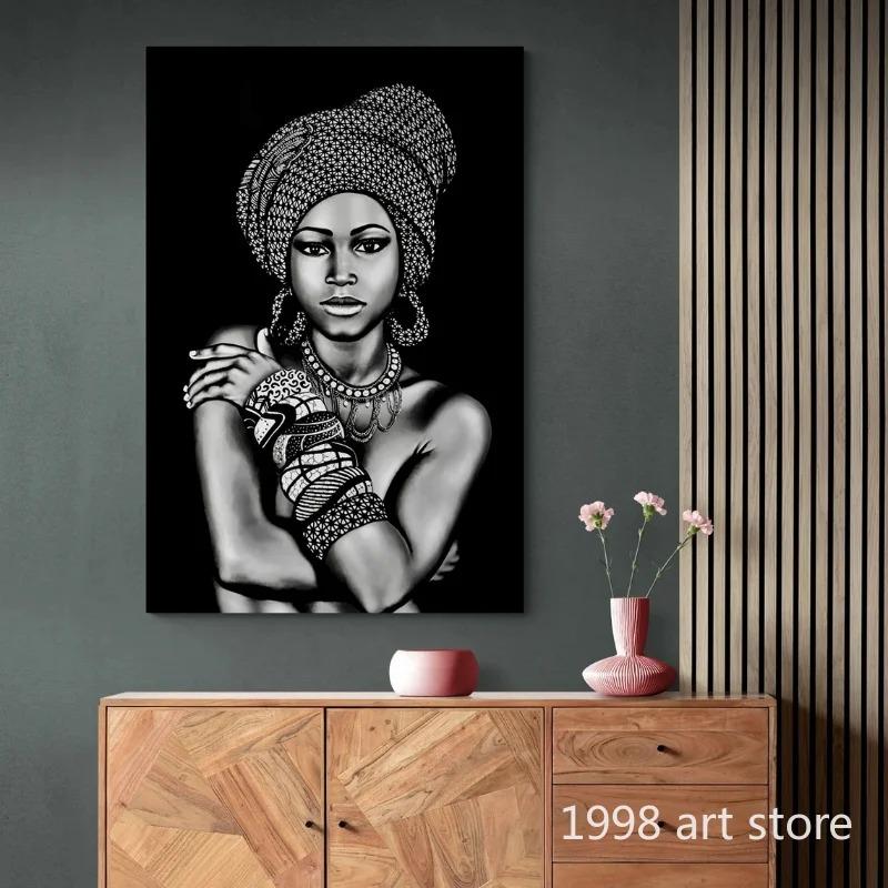 Beauty African Woman with Scarf Bracelet Necklace and Earring Art Poster Canvas Painting Wall Print Picture for Room Home Decor