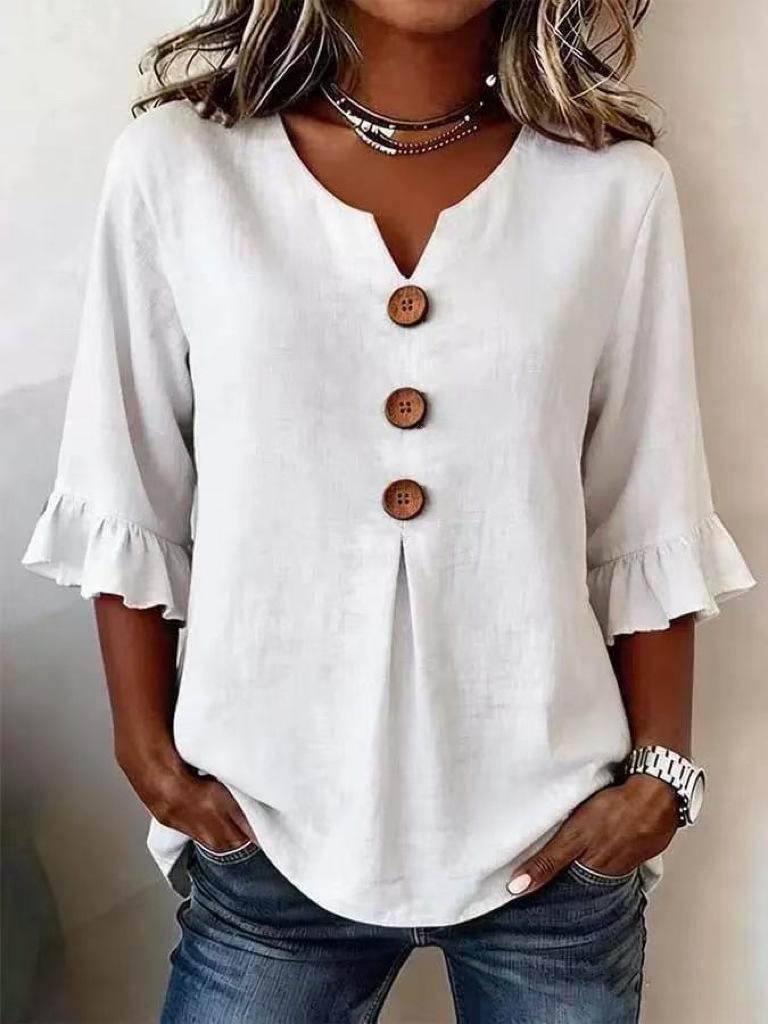Abito Europeo in Cotone e Lino con Scollo a V, Bottone Grande e Maniche Arricciate per Donna - Collezione Primavera/Estate 2026
