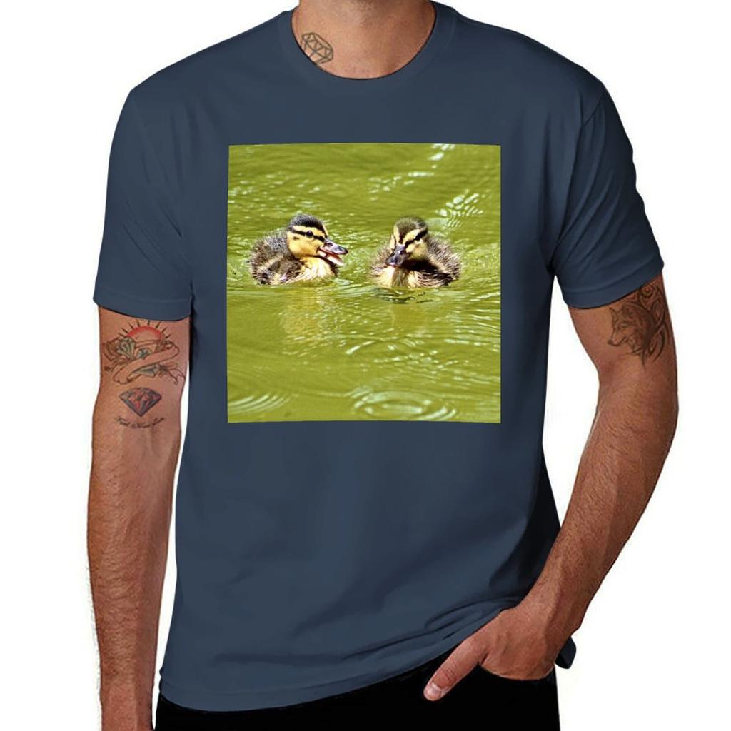 Two Lovely Baby Mallard Ducklings Swimming TShirt Daily Wear Plain Short Sleeve Shirt
