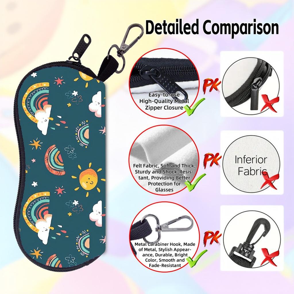 Portable Printed Felt Zipper Eyeglass Case Shockproof Sunglasses Storage Pouch With Carabiner for Daily Travel Outdoor Use