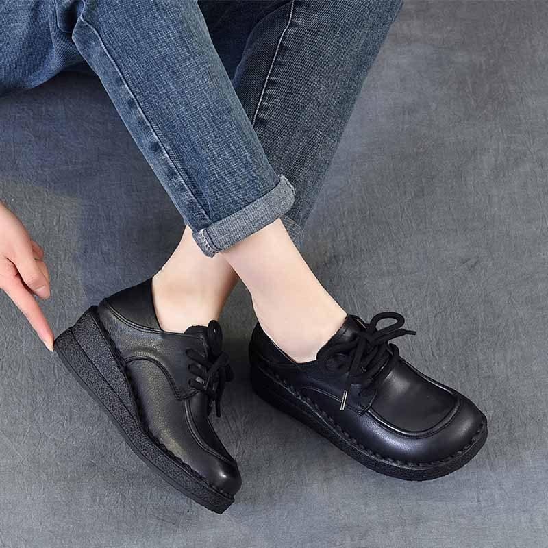 Johnature Genuine Leather Wedges Shoes Versatile Comfortable Soft Soled Lace-up Four Seasons Shoes