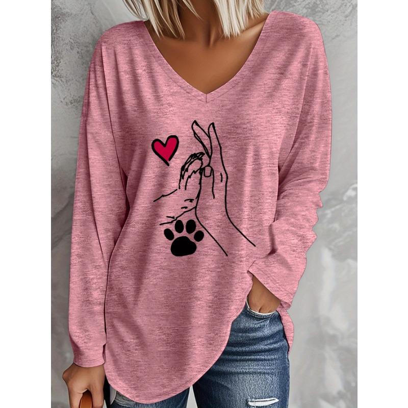 Plus Size, New Spring,Summer Fashion Plus-Size Women's Casual V-Neck Long Sleeve T-Shirt with High Five with Dog Print,