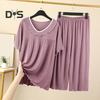 Women's Two Piece Pajamas Set Crew Neck Short Sleeve Shirts Matching Wide Leg Pants Sleepwear Set Summer Casual Loungewear