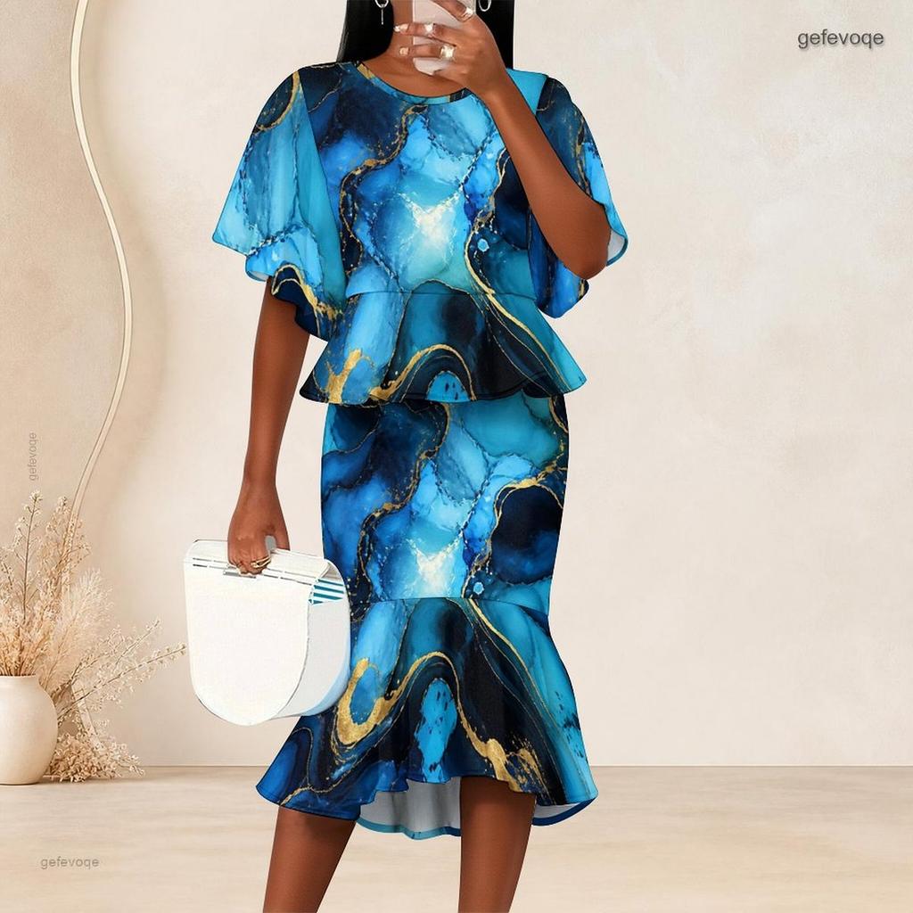 Women Plus Size Blue Gold Printed Round Neck Batwing Sleeve Ruffle Hem Top Fishtail Skirt Two Piece Set