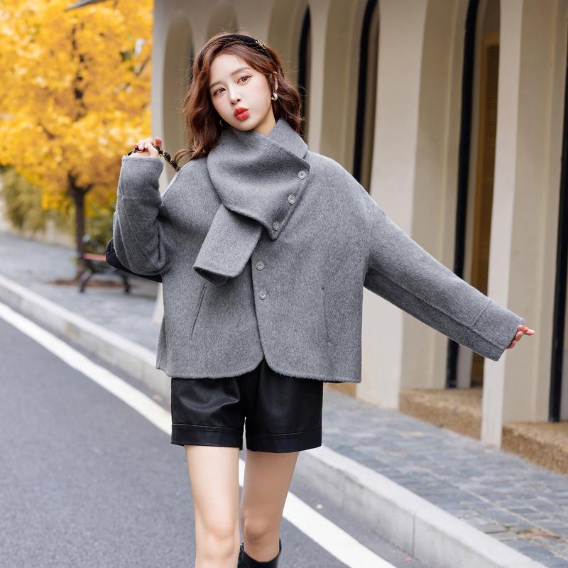 Pink double-sided wool coat women's short autumn and winter temperament sweet design scarf wool coat