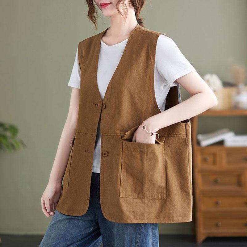 

Женский жилет Хлопковые топы без рукавов Однотонный Оверсайз Повседневный V-образный вырез Жилет Куртка XXXL