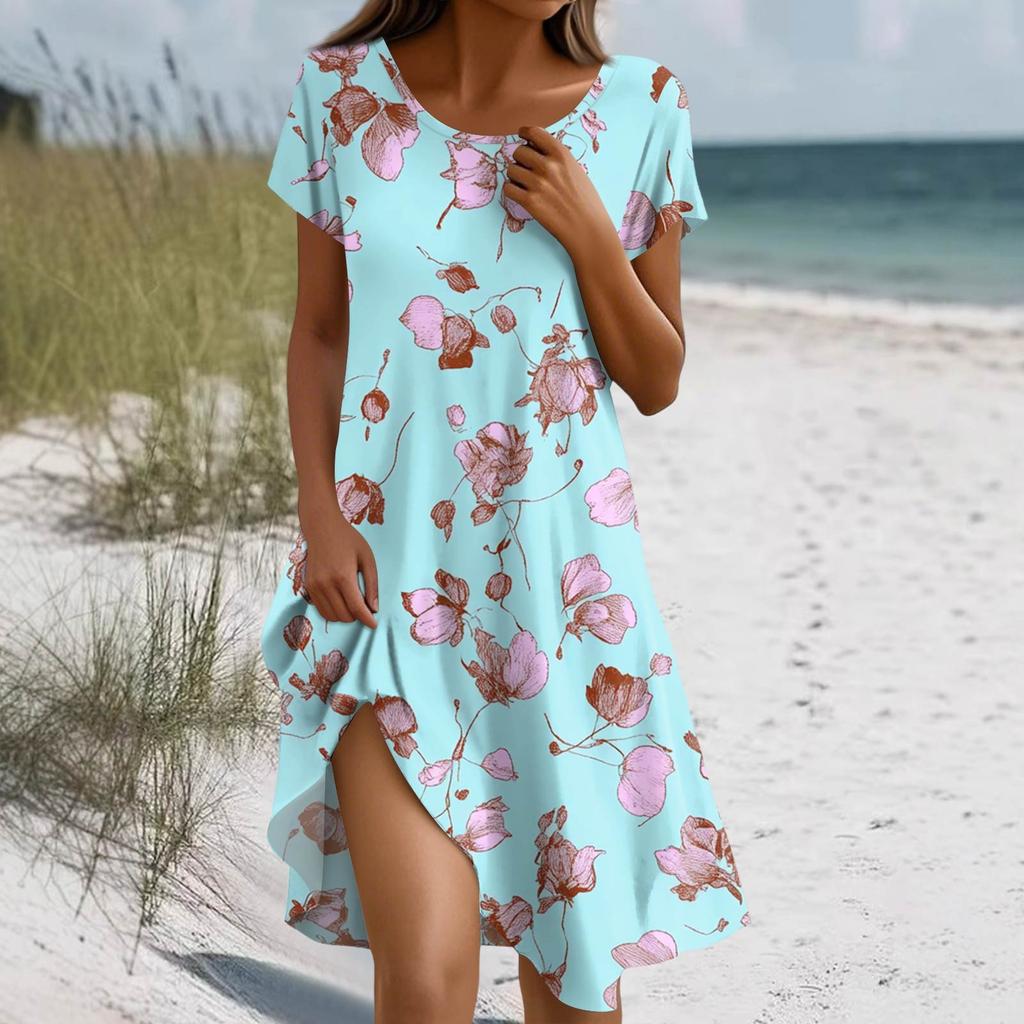 Women's Summer Short Sleeve Round Neck Floral Print Bohemian Dress With Pockets