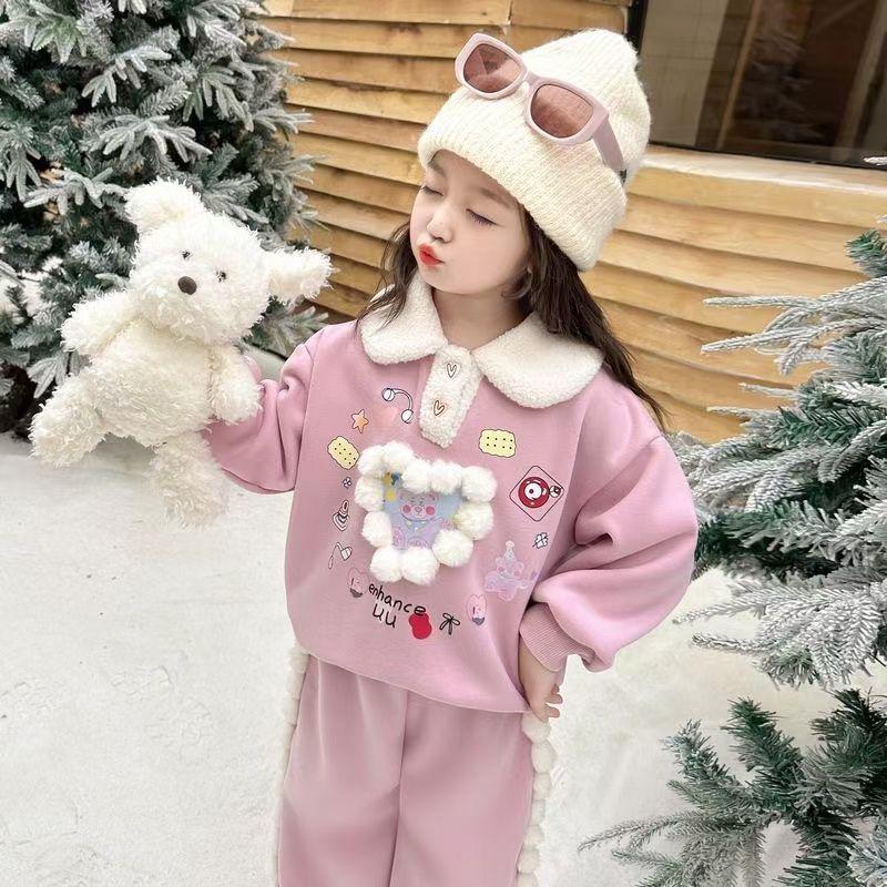 2024 Korean-Style Fleece-Lined Sweatshirt Set for Girls - Winter Fashion