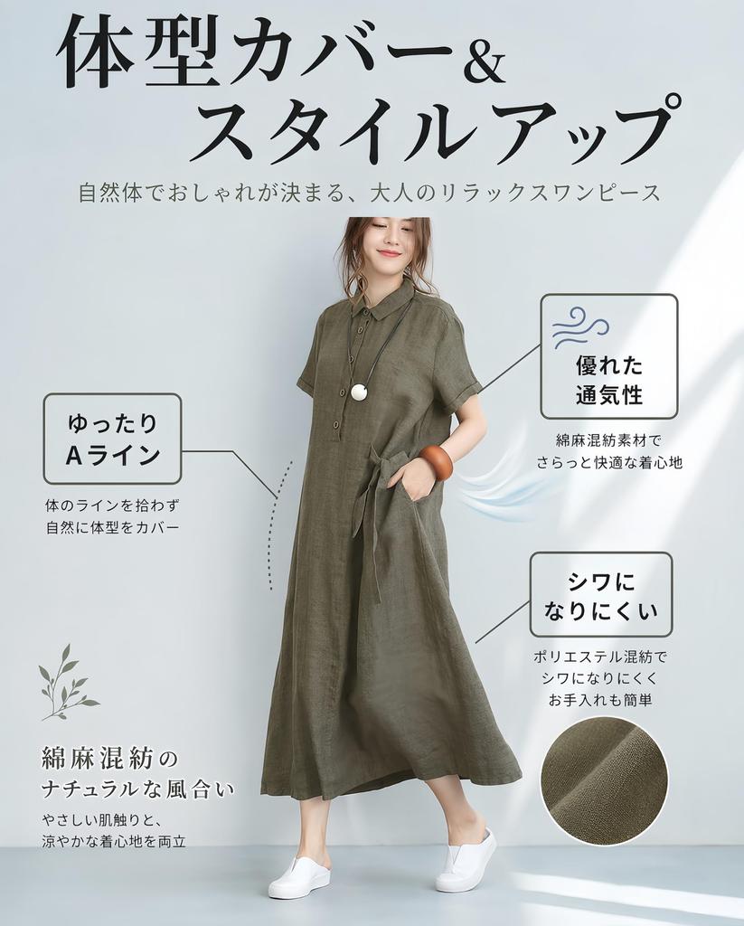 Dress Long Blend Shirt Everyday Plus Solid Lightweight [Chobof] Women's Spring/Summer A-line Dress, Elegant, Slimming, Cotton-Linen Dress, Casual,