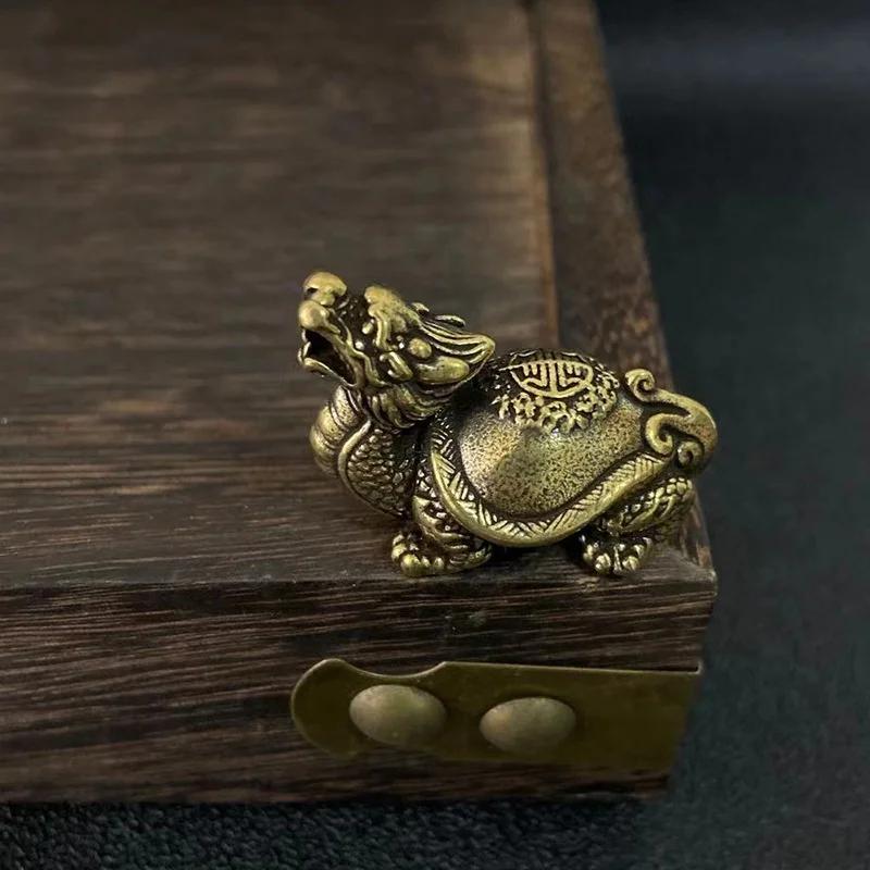 Lucky Animal Statue Desktop Ornament Decors Retro Brass Mythical Beast Dragon Head Turtle Body Figurines Miniatures Heavy Copper