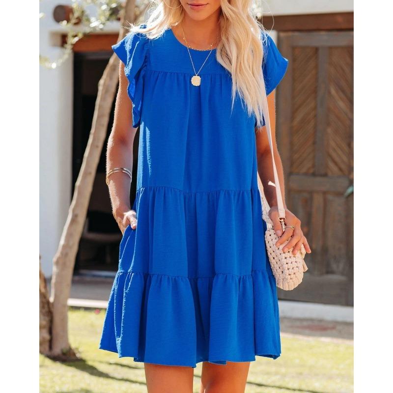 QICED Abiti casual con scollo a maniche corte con stampa tinta unita primavera estate moda donna