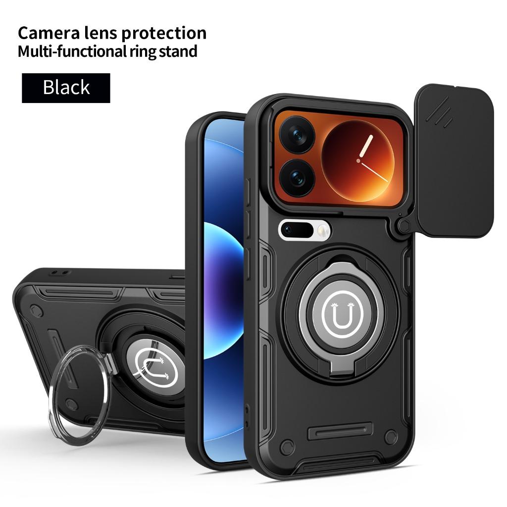 Magnetic Car Mount 360° Ring Kickstand Phone Case with Slide Camera Lens Cover For Xiaomi 17 Pro Max 15T Shockproof Armor Cover