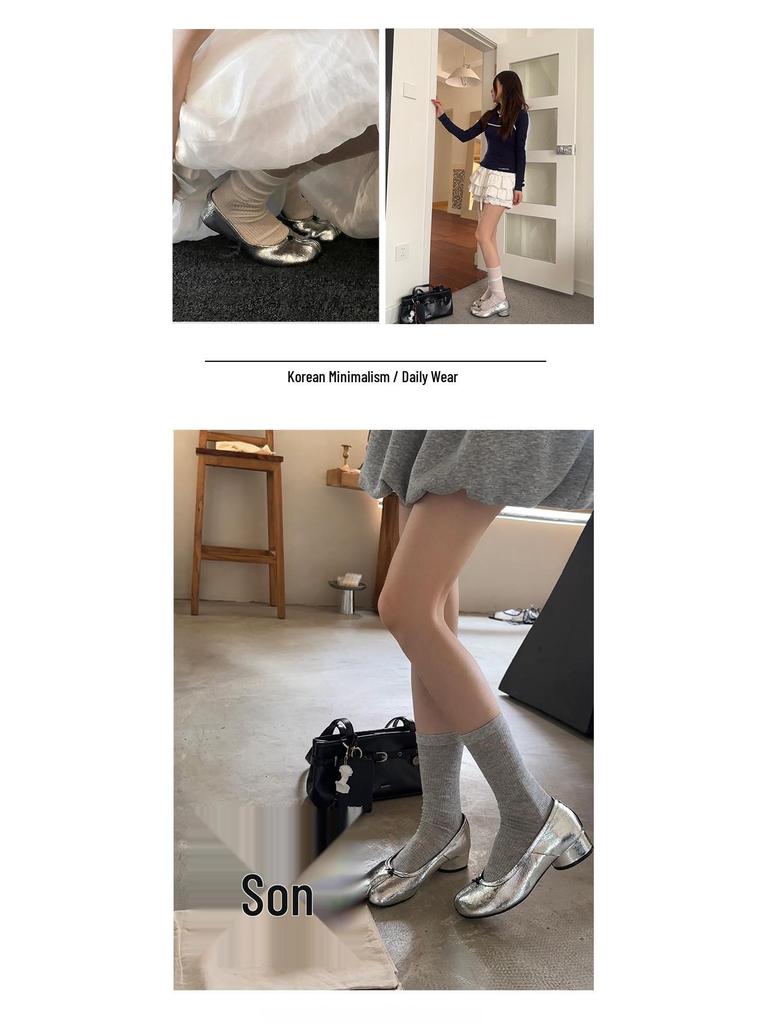 Women's Sheepskin Leather Split-Toe Slip-On Chunky Heel Ballet Flats