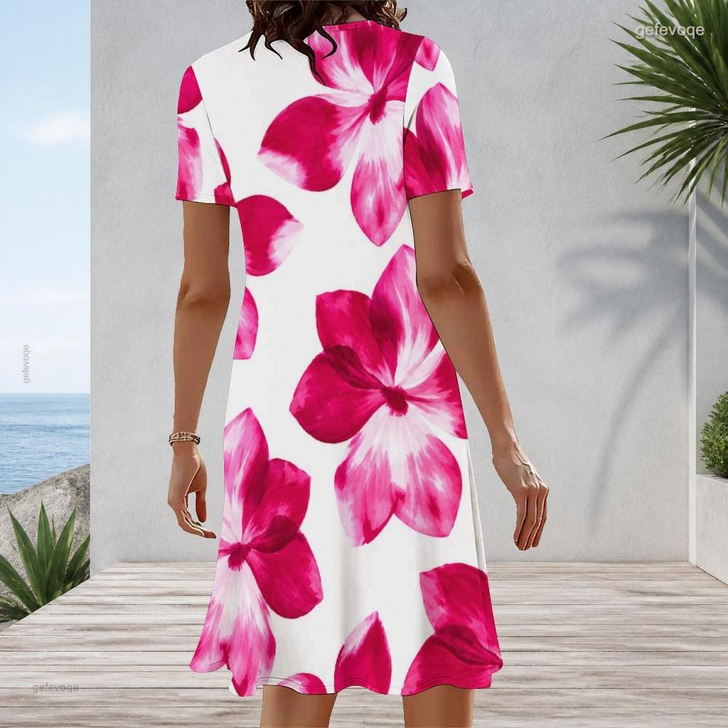 Women Plus Size Round Neck Short Sleeve White Hot Pink Printed A Line Dress