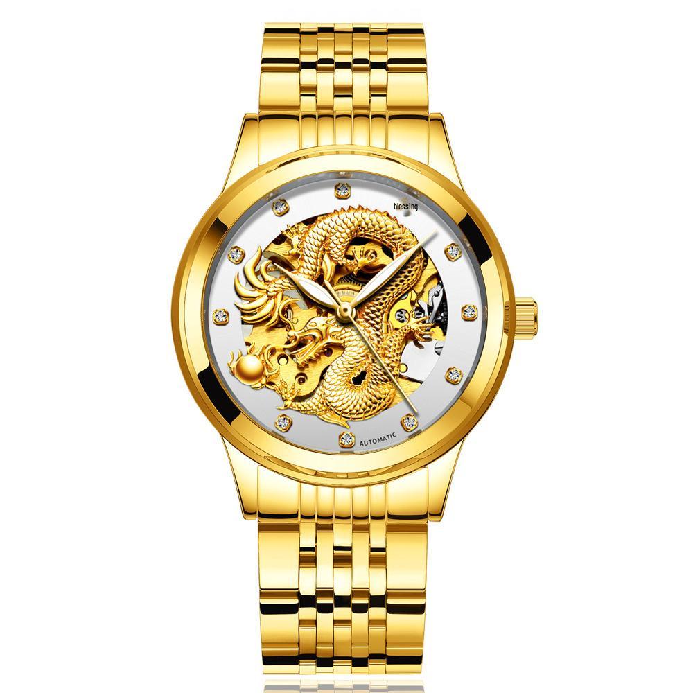 Modun Men's Gold Dragon Pattern Automatic Skeleton Watch with Genuine Leather Strap and Waterproof Multifunctionality