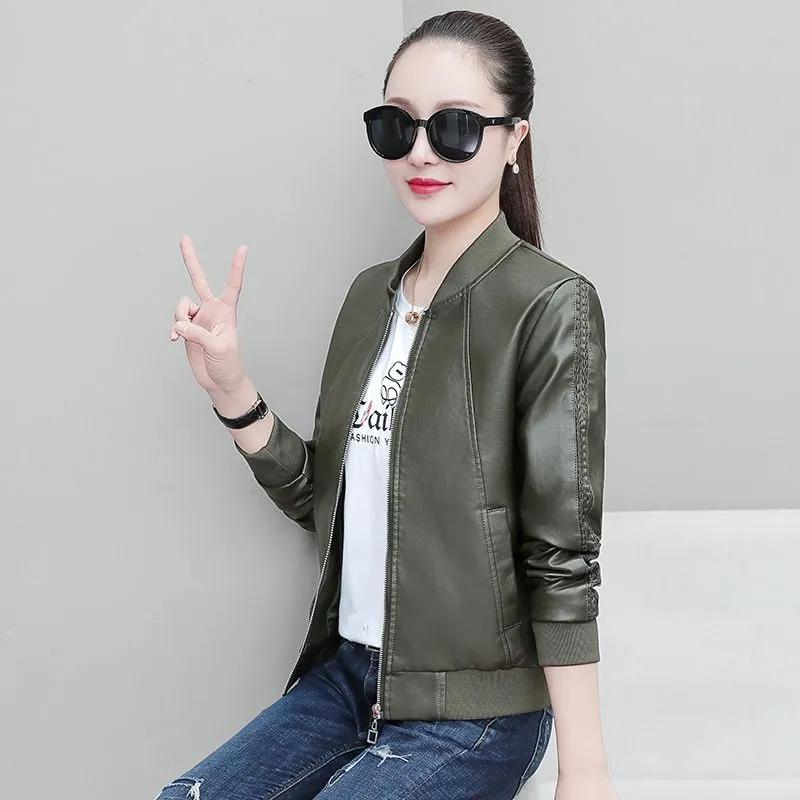 Women's Spring/Fall Loose-Fit Stand Collar Short Jacket Baseball-Style PU Leather Jacket