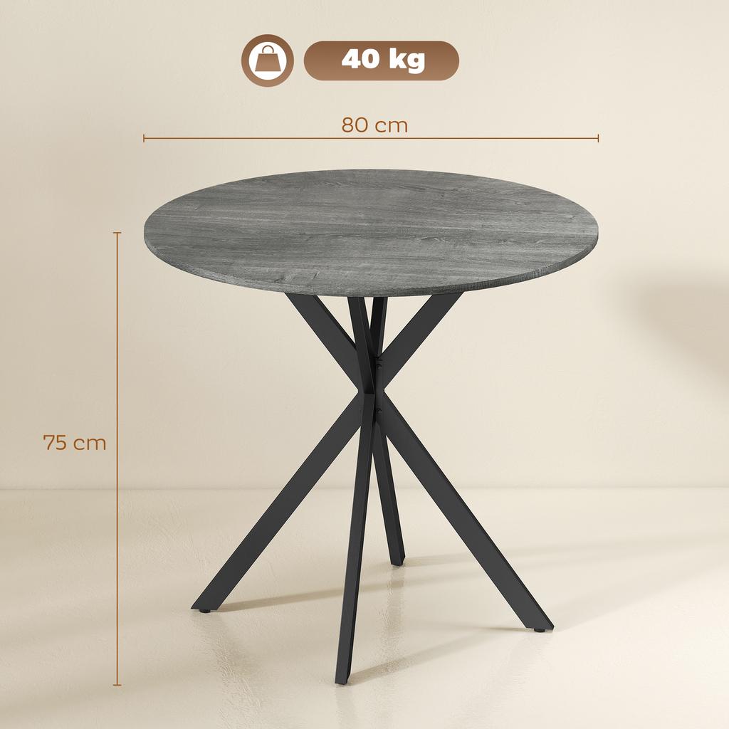 Round Dining Table for 2 People with Wood-Look Top and Crossed Steel Base, Gray