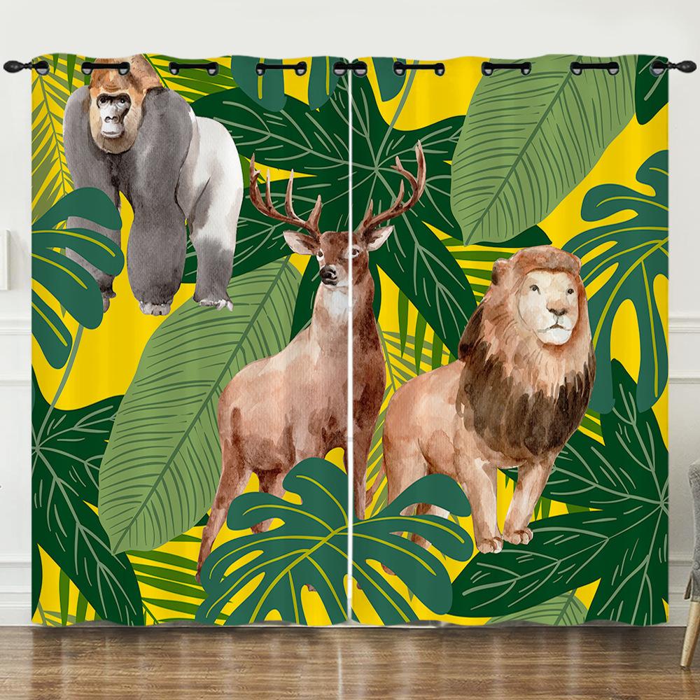 Curtains Tropical Rainforest Animals Lion Giraffe Digital Printing Blackout Curtain Punching
