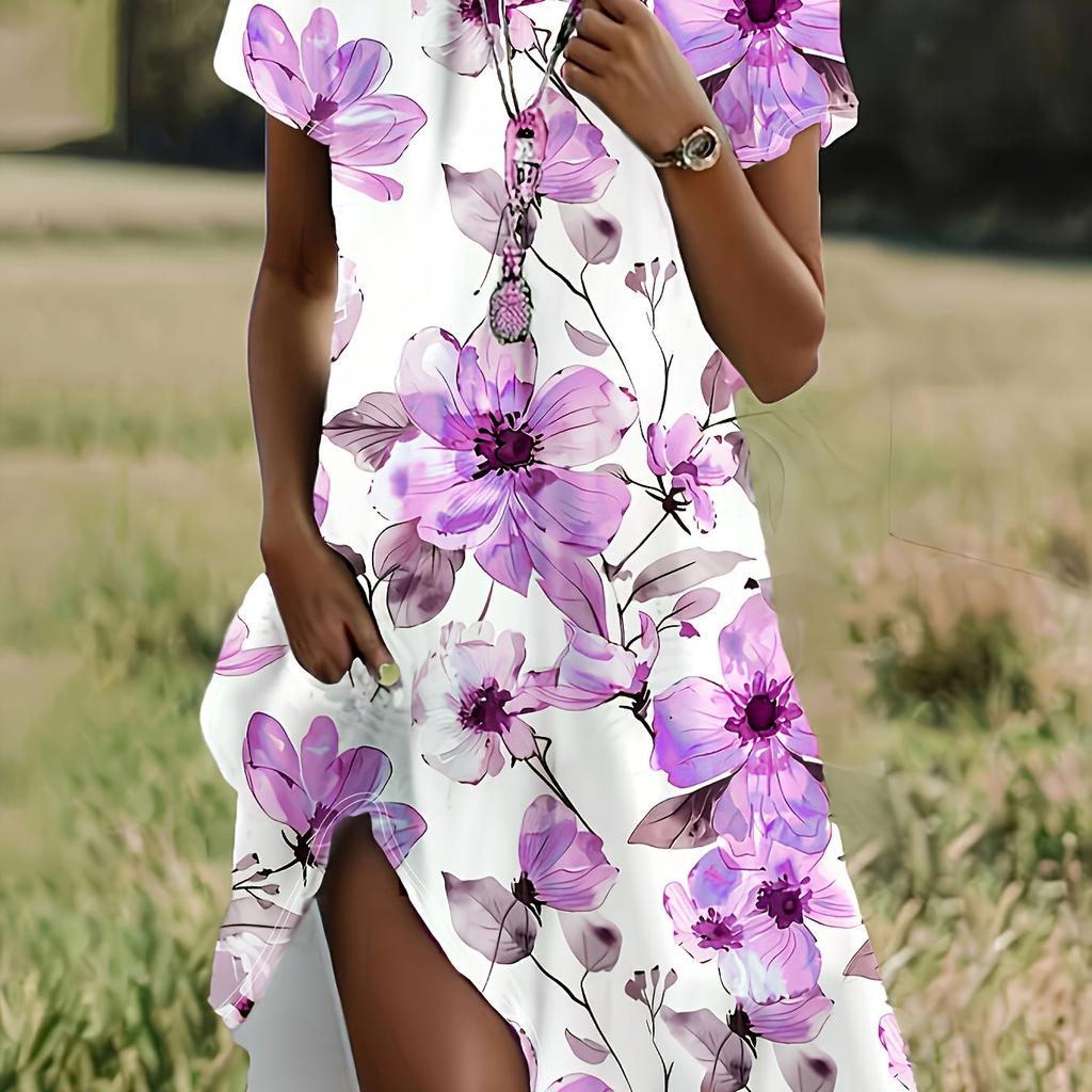 Plus Size - Women'S Plus Size Floral Print Short Sleeve Dress - Elegant Round Neck, Lightweight Polyester, Summer Casual Style with Adjustable Straps,