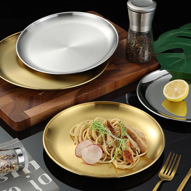 Runde Schale im koreanischen Stil aus 304er Edelstahl für Hot Pot und Barbecue - Fleisch-Präsentations- und Knochenspuckplatte mit individuellen Logo-Optionen.