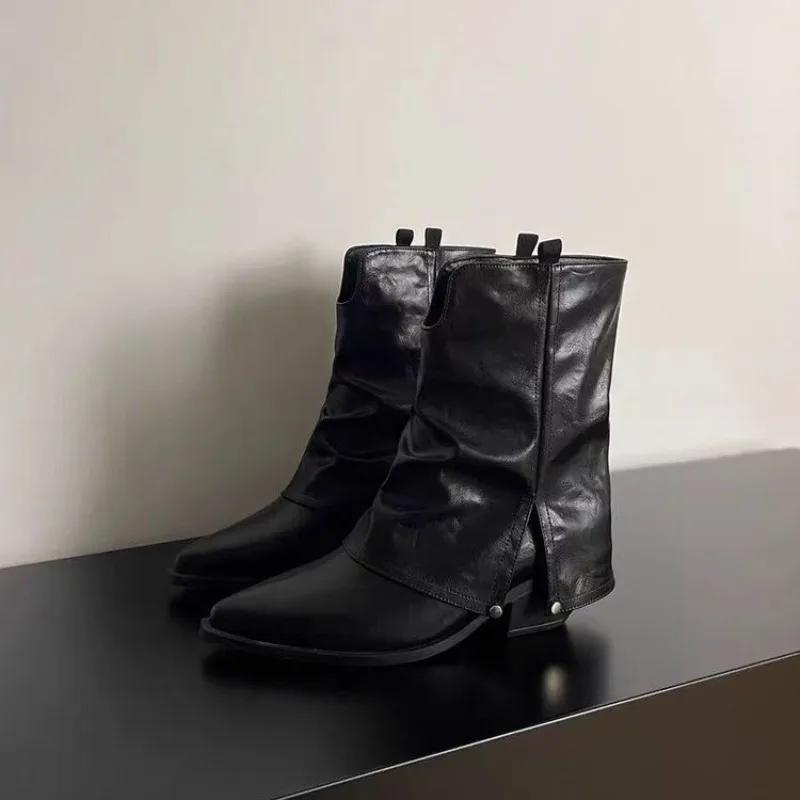 Fashion 2024 Solid Color Design Pointed Toe Square Heel Winter Tall Simple Office Women's Shoes Pleated Non-slip Winter Boots Zapatos