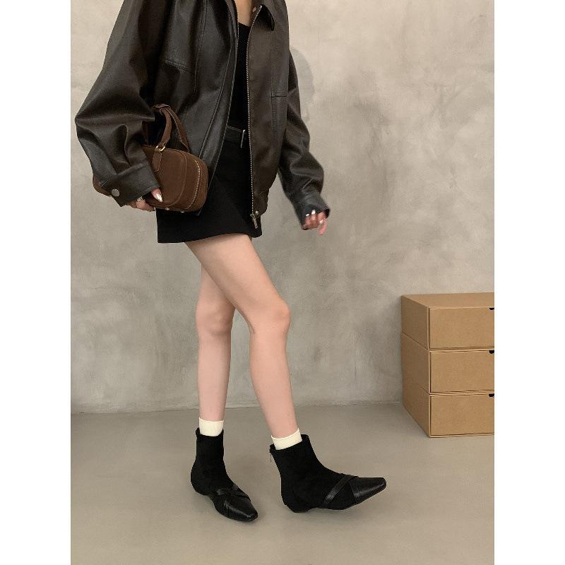Retro small square head black small naked boots women's boots new autumn and winter brown thin boots French small short boots