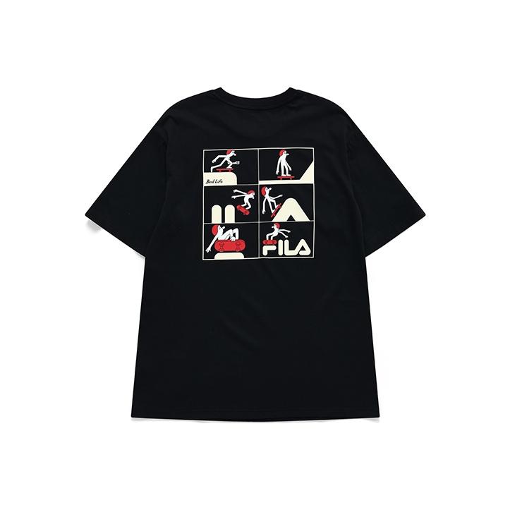 FILA Fusion x Jeremyville Collaboration Streetwear Skateboard Print Loose Fit Short Sleeve T-Shirt Unisex tops Deep-Black T11U139103FBK