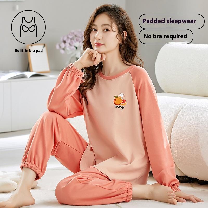 Spring autumn letter Print Pajamas Set with Chest Pad for Women thin cotton Long Sleeve Tops and Pants Sleepwear Female Homewear