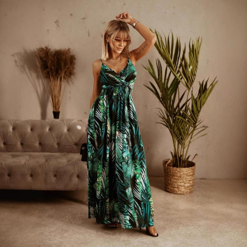 Summer V Neck Elastic Waist Printed Strappy Long Maxi Dress for Women European American Crossborder Women's Clothing