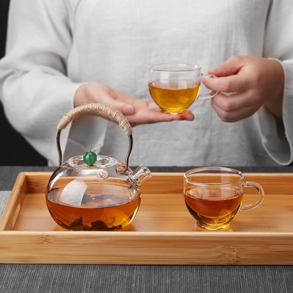 Pokaro Tea Heat-Resistant Glass Teapot, 1000ml, Stovetop-Safe, with Large Bead Design and Braided Hemp Handle, Stylish Japanese Teapot, Perfect Gift