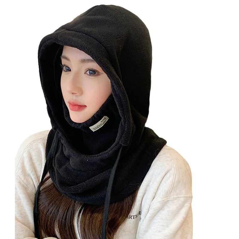 Women's fleece warm ear protection scarf integrated hat autumn and winter men's pullover one-piece hat outdoor skiing