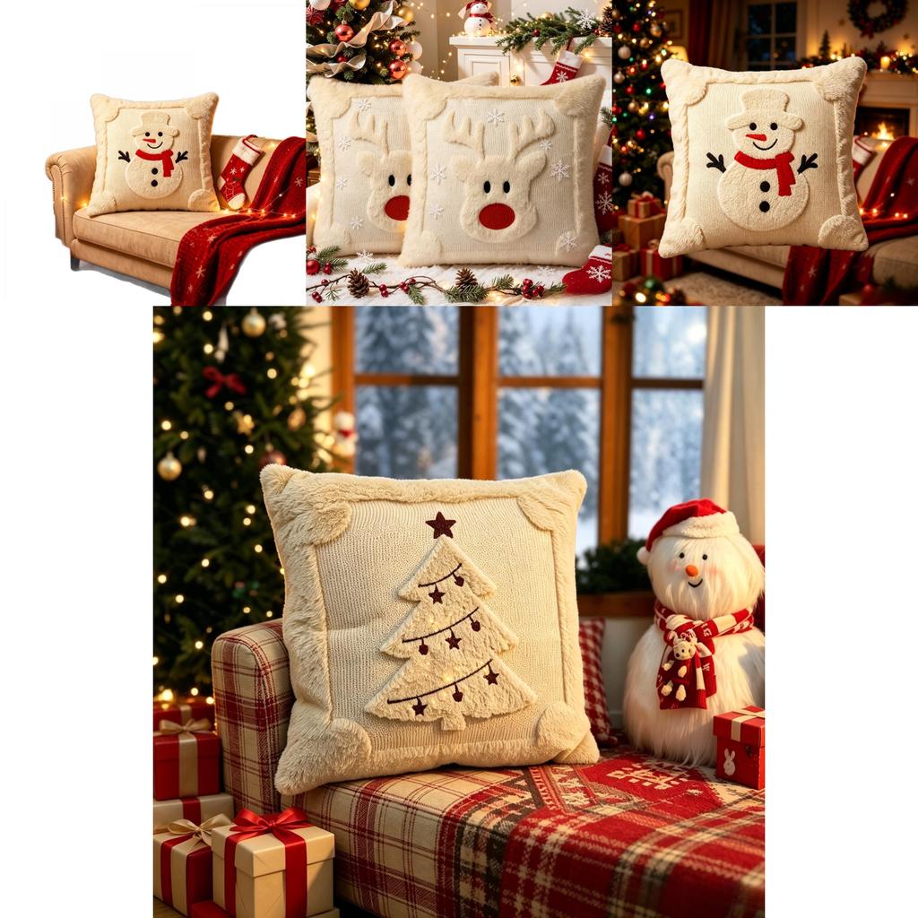 Christmas Themed Plush Cushion Cover With Sewn Seaming For Living Room Decor