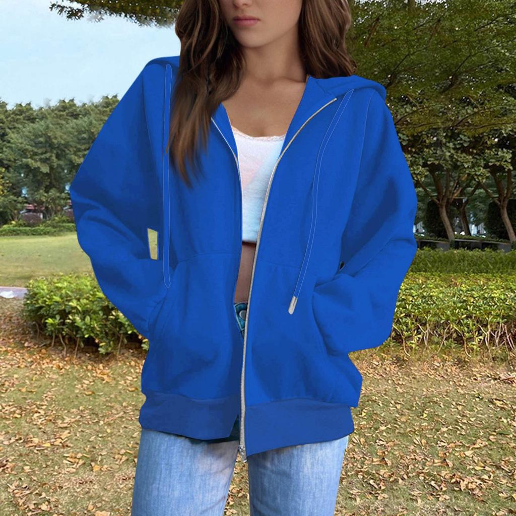 Women's Solid Color Long Sleeved Round Neck Plush Zipper Hooded Sweatshirt With Drawstring