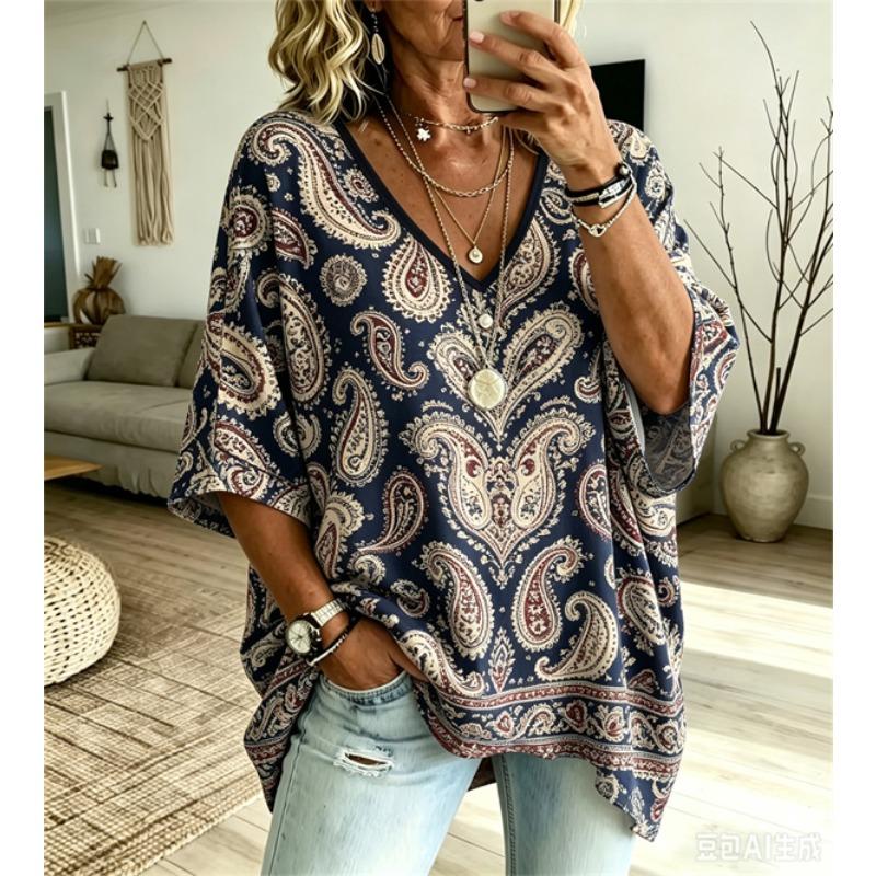 T-shirt da Donna Taglie Forti Scollo a V Maniche a Pipistrello Stampa Etnica Boemia Top Largo Estivo Comodo Traspirante Quotidiano Casual Stile Modellante