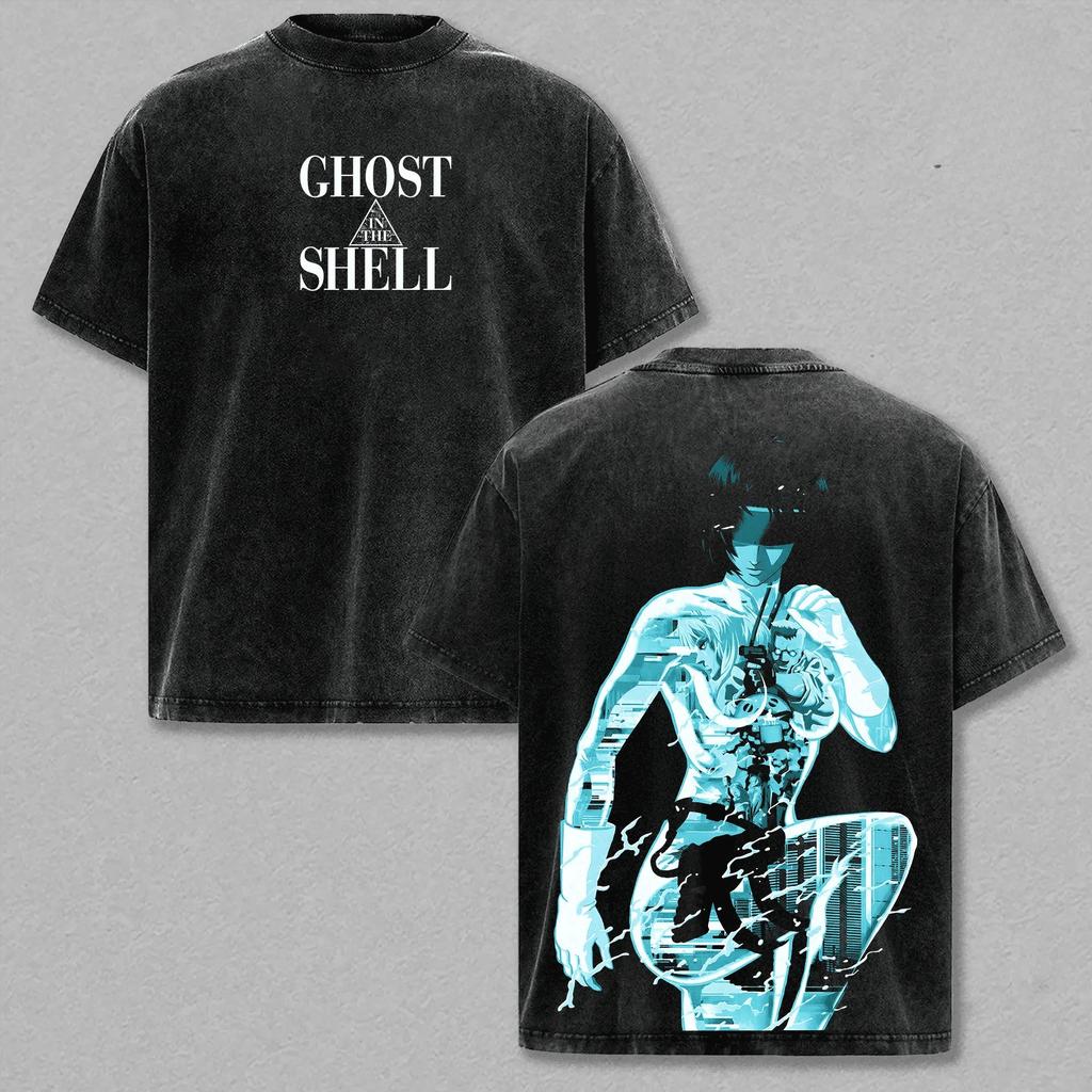 T-shirt Anime Ghost in The Shell Vintage Lavata Y2k T-shirt Uomo Donna Abbigliamento Estivo Oversize Manica Corta Cotone Magliette Top