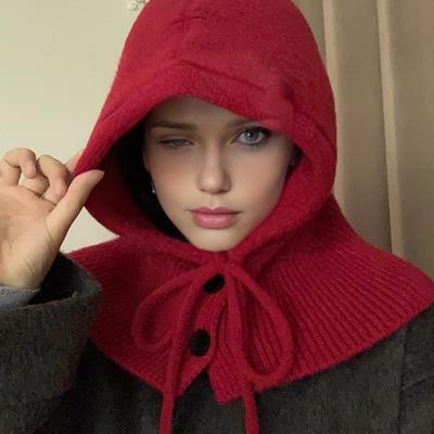 Gebreide Muts Effen Kleur Knopen Sluiting Trekkoord Capuchon Sjaal Dames Winter Warm Winddicht Elastisch Thermische Muts
