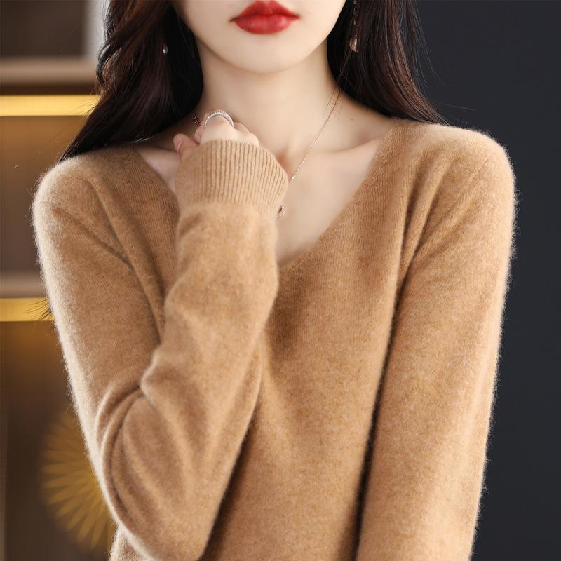 Dámský svetr podzim zima pletený svetr s výstřihem do V Košile s volným dnem jednobarevné měkké úplety svetry Základní svetry